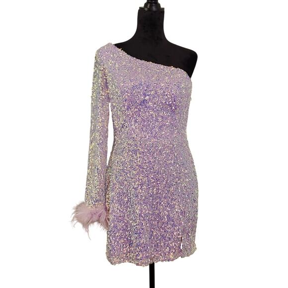 ALYCE PARIS One Shoulder Purple Sequin Dress with Feathers, Size 10 - Picture 1 of 15